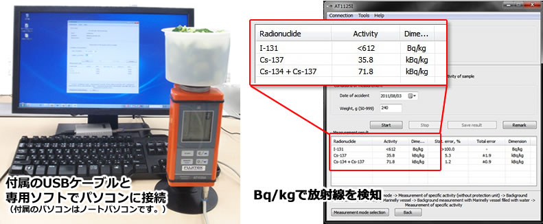パソコンと接続し、食品の放射線をBq/kgで検知
